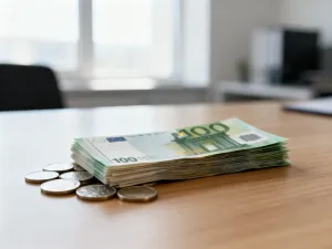 Stos złotych monet, kalkulator i długopis na biurku, symbolizujące obliczanie wynagrodzenia i finanse osobiste.