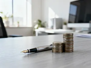 Kalkulator i pieniądze na drewnianym biurku, symbolizujące obliczenia finansowe i planowanie budżetu.